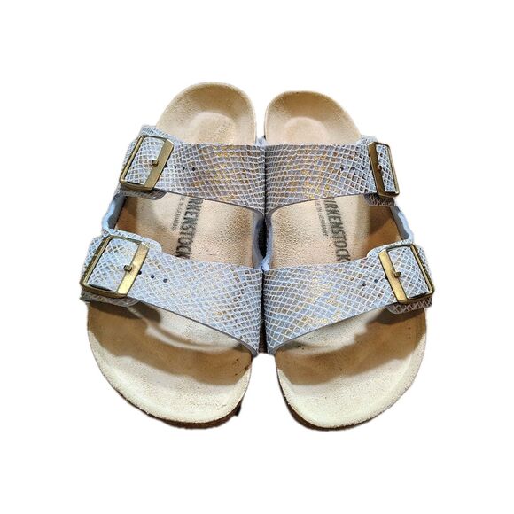 Birkenstock Shoes - Birkenstock Arizona Womens 10 US 41 EU Shiny Python Two Strap Slide Sandals Blue